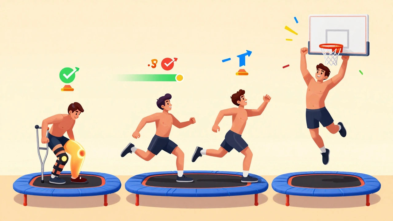 Athlete progressing through four cartoon recovery stages with glowing muscles and milestone icons.