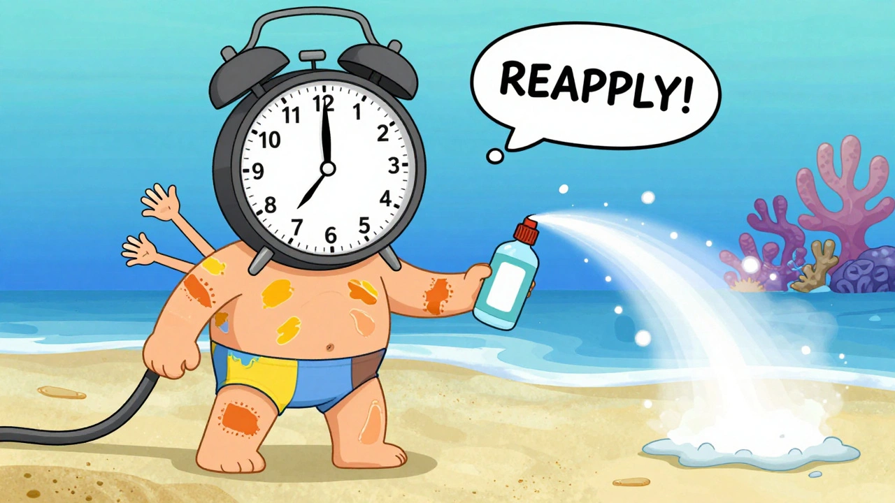 Beachgoer with patchy sunscreen, floating alarm clock reminding to reapply, tiny hand offering travel bottle