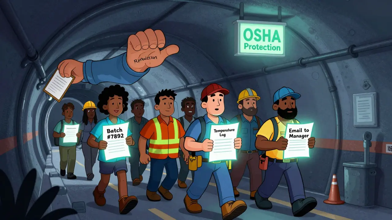 Diverse workers carry evidence documents through a tunnel marked '180 Days' while a giant hand tries to stop them.
