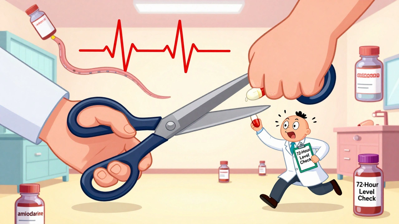 Doctor cutting a digoxin pill in half while pharmacist rushes in with a 72-hour check clipboard.