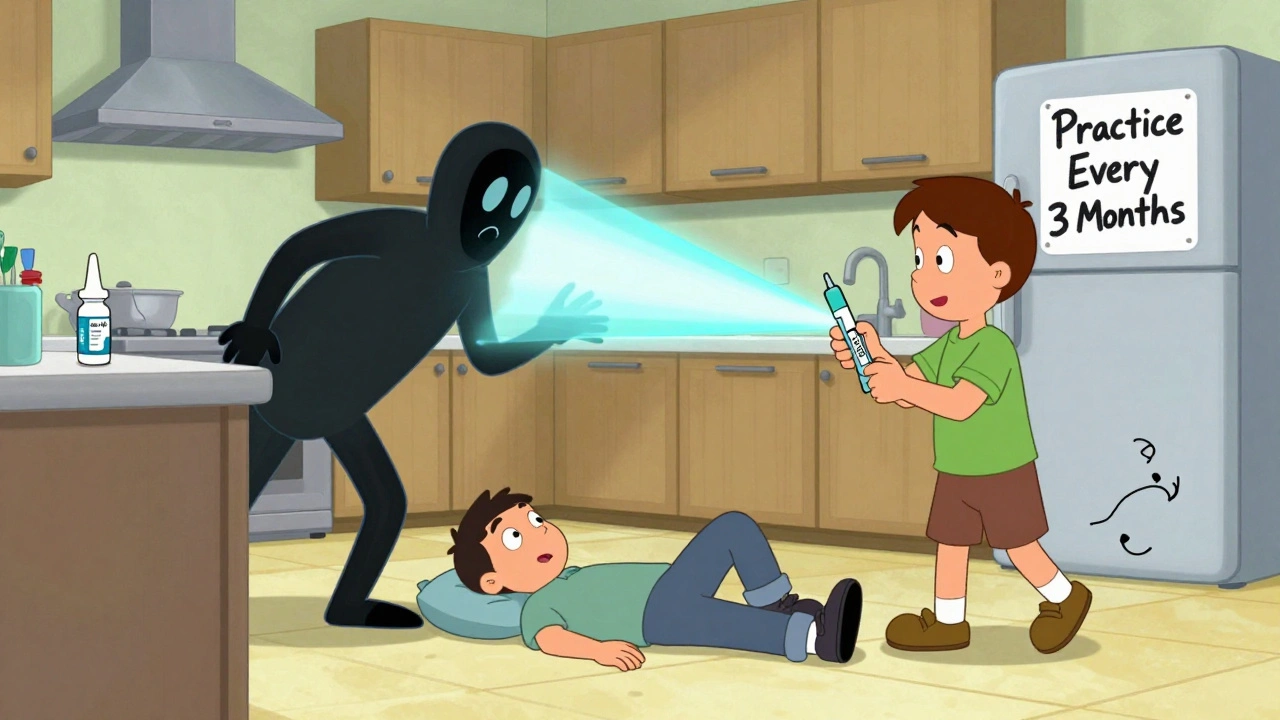 Family scene with someone receiving epinephrine, a nasal spray nearby, and a shadowy anaphylaxis figure being repelled by light.