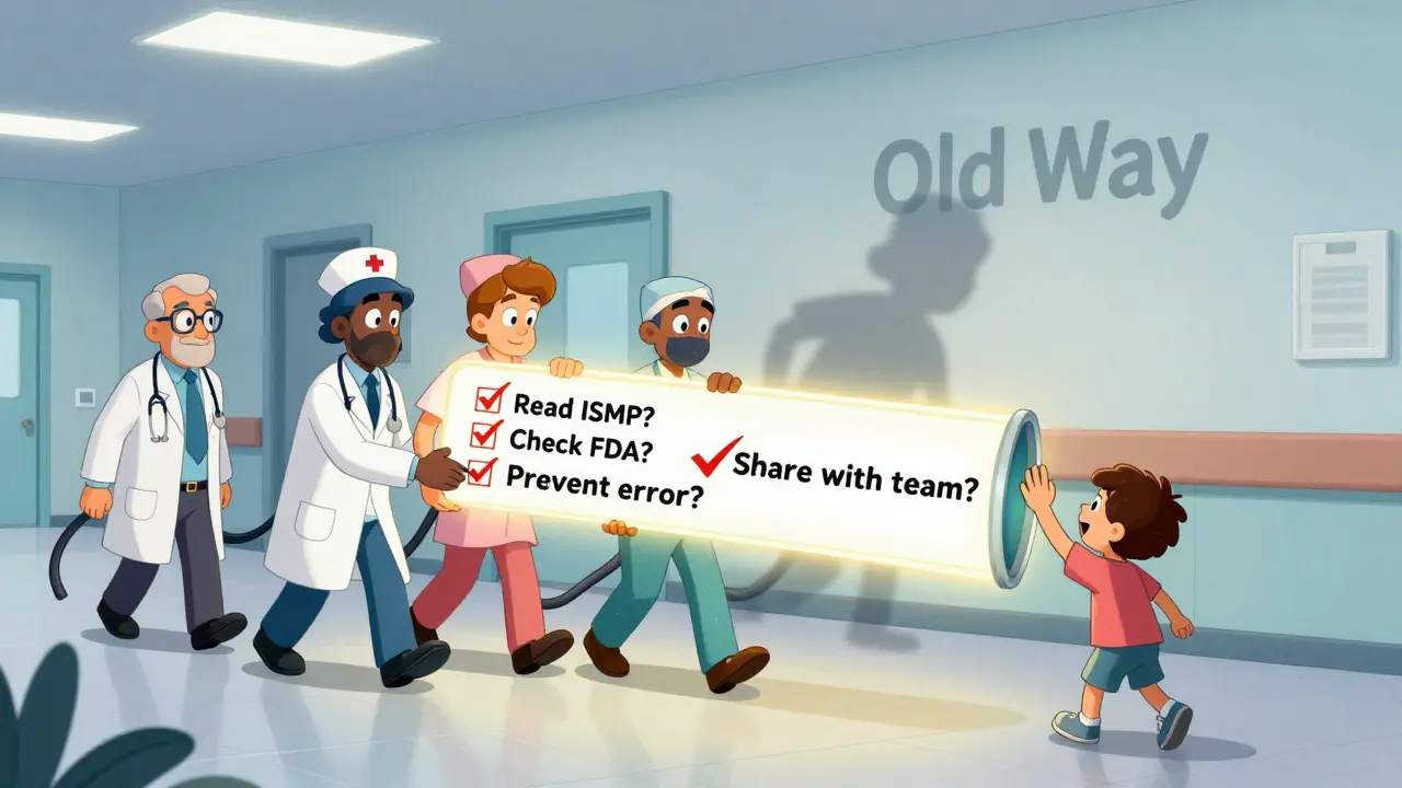 Healthcare workers passing a glowing checklist down a hallway, adding checkmarks until a child high-fives the last person.