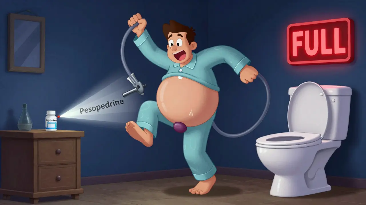 Man hopping at night with inflated bladder, a pill firing a laser to tighten his urethra.