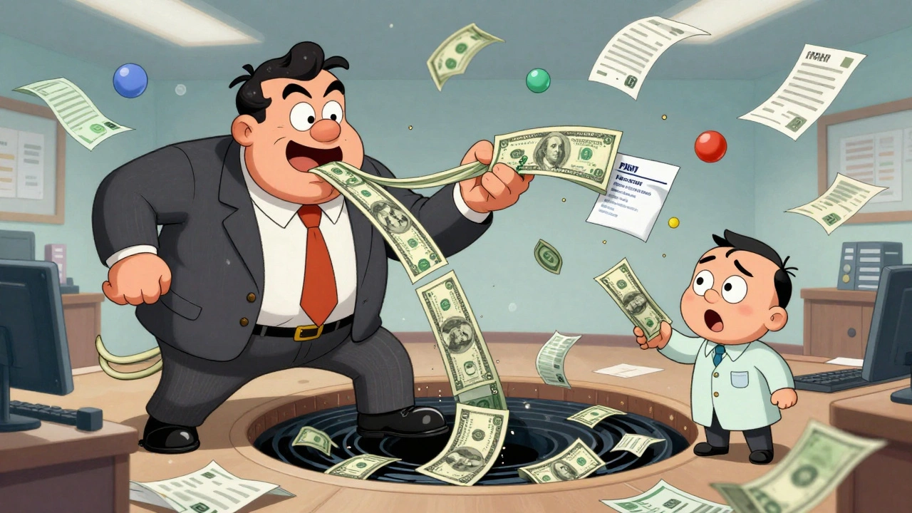 Oversized PBM executive pulling money from a tiny pharmacist, symbolizing unfair reimbursement practices.