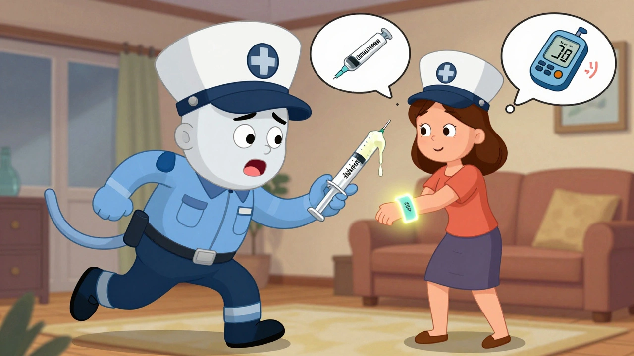 Paramedics react to a silicone medical alert bracelet engraved with &#039;ALGYS: CEPH | DIABETIC&#039; as a confused syringe melts.