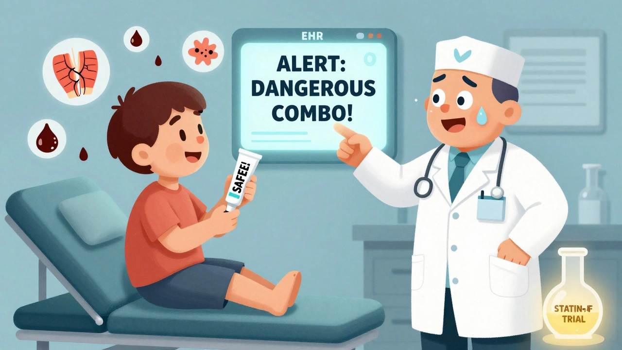 Patient and pharmacist react to a drug interaction alert on an EHR screen, with muscle damage and trial icons nearby.