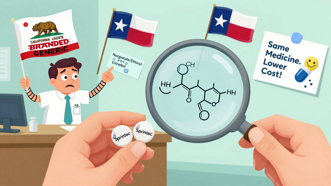 Patient holding two pills—one branded, one labeled with chemical name—as a magnifying glass reveals they're identical, with state law banners floating nearby.