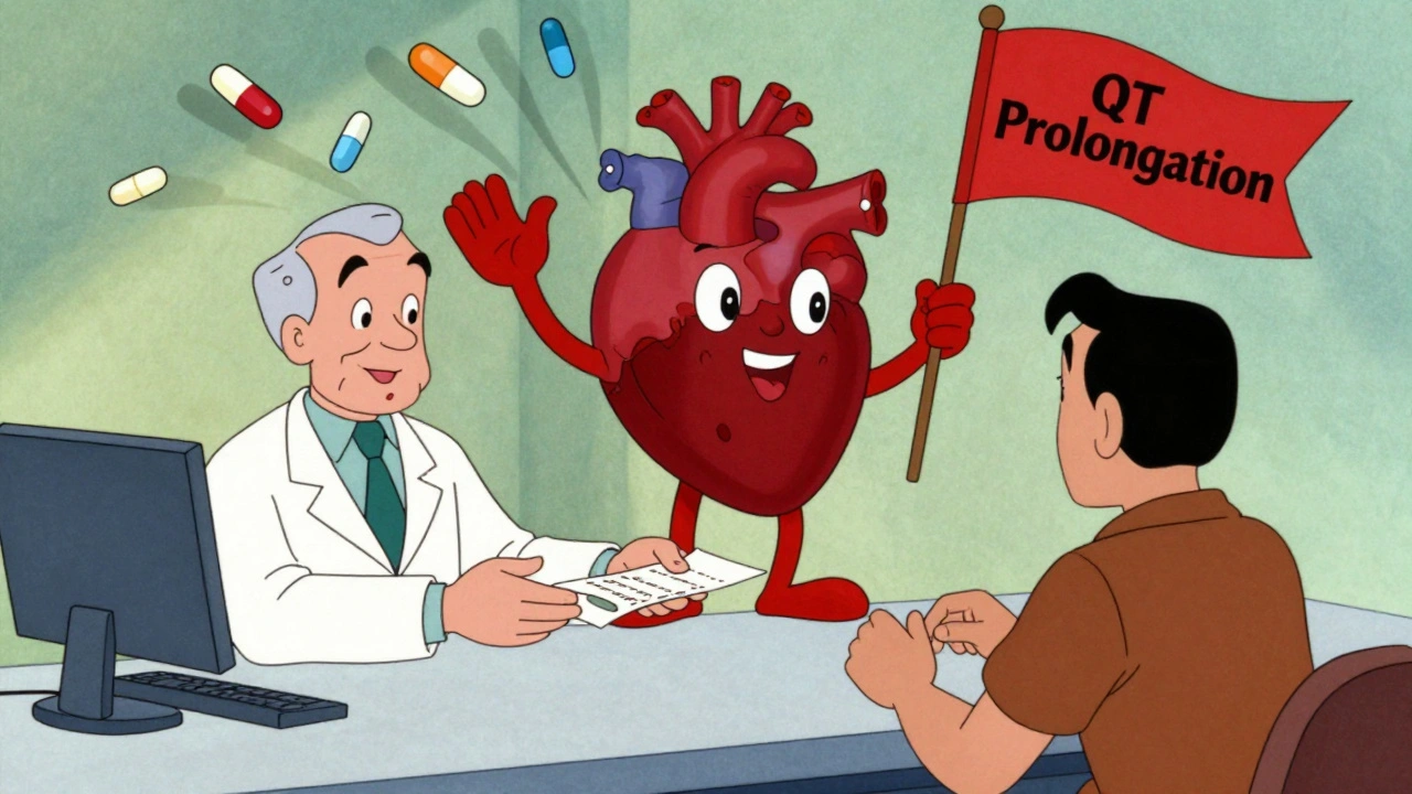 Pharmacist giving prescription as a cartoon heart waves a red flag surrounded by other pills.