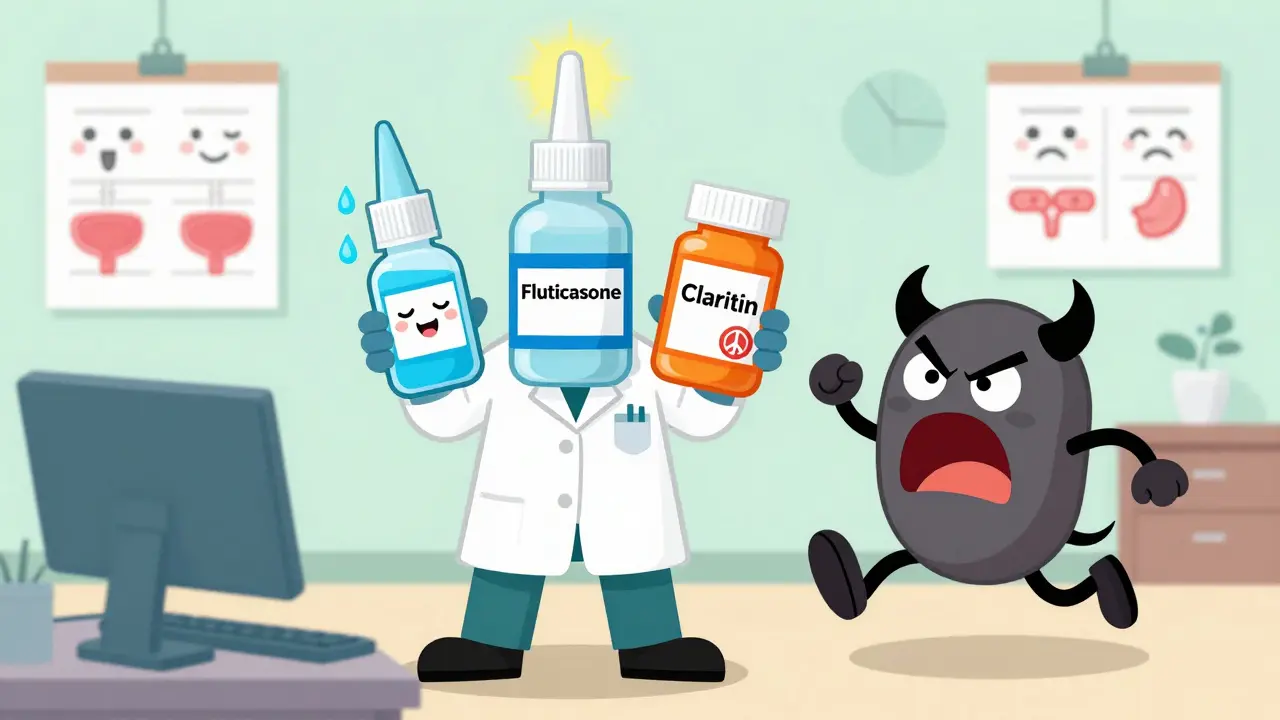 Pharmacist presents safe alternatives to a fleeing decongestant pill in a bright medical setting.