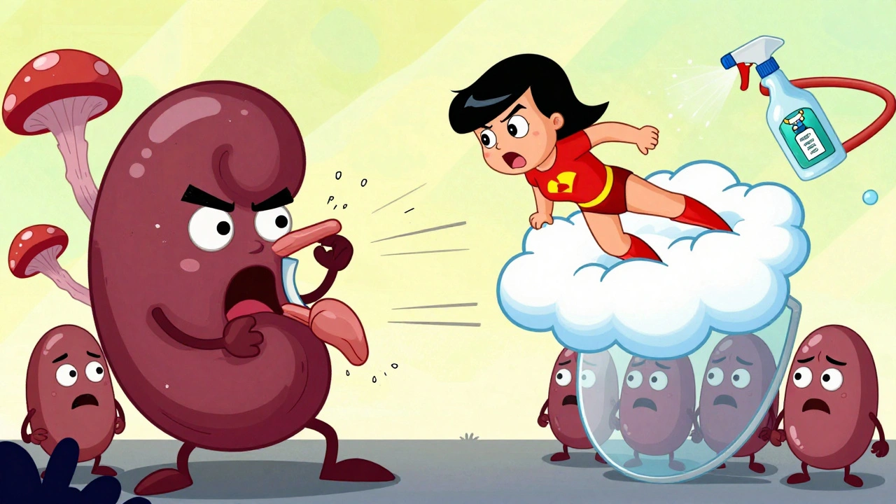 Pravastatin superhero rescues simvastatin from a fungus monster, with terbinafine spray protecting other statins.