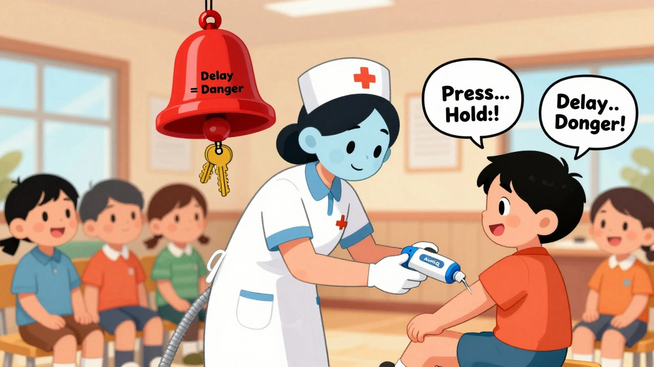 School nurse helping a child use a voice-guided epinephrine injector, with animated safety prompts in the air.