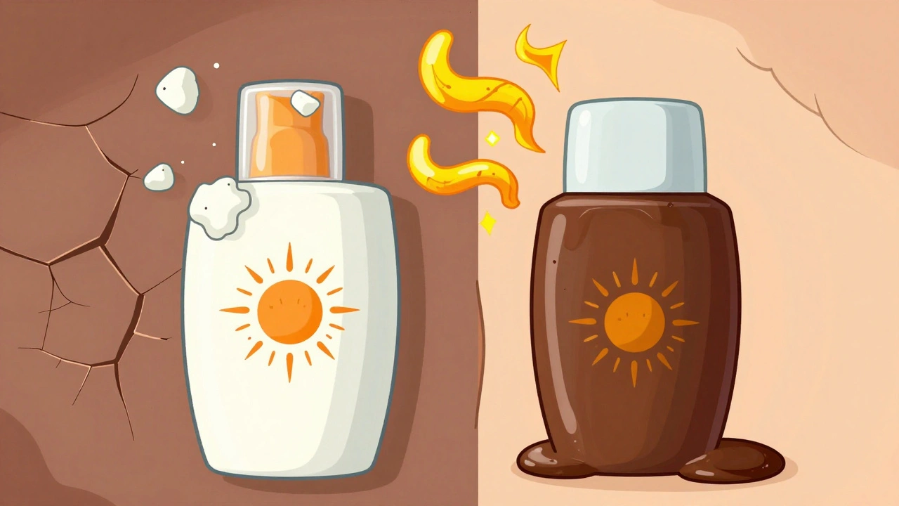 Side-by-side cartoon sunscreen types: mineral leaving white cast vs chemical blending in, UVA rays as wrinkly monsters