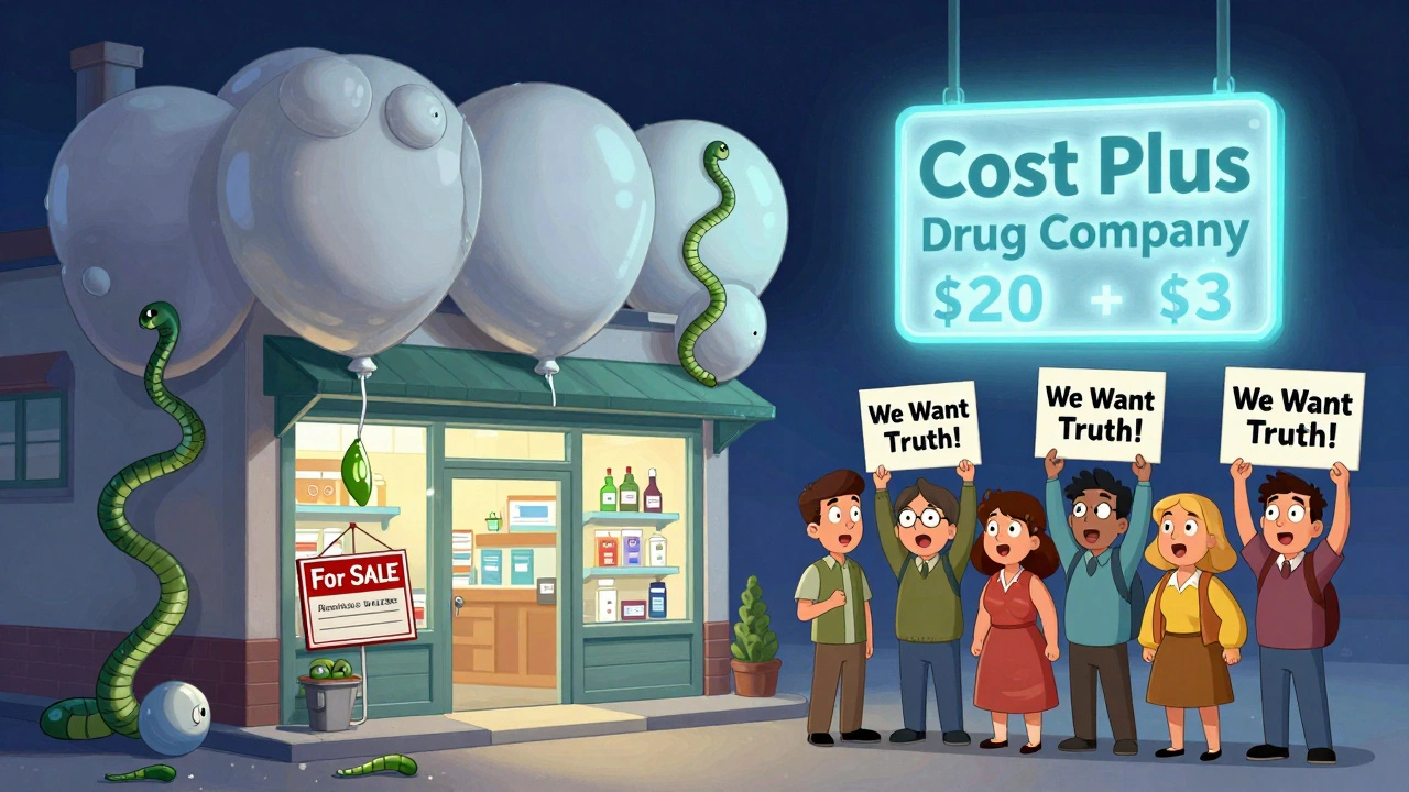 Small pharmacy with falling walls and rising bills, contrasted with a transparent drug pricing sign.