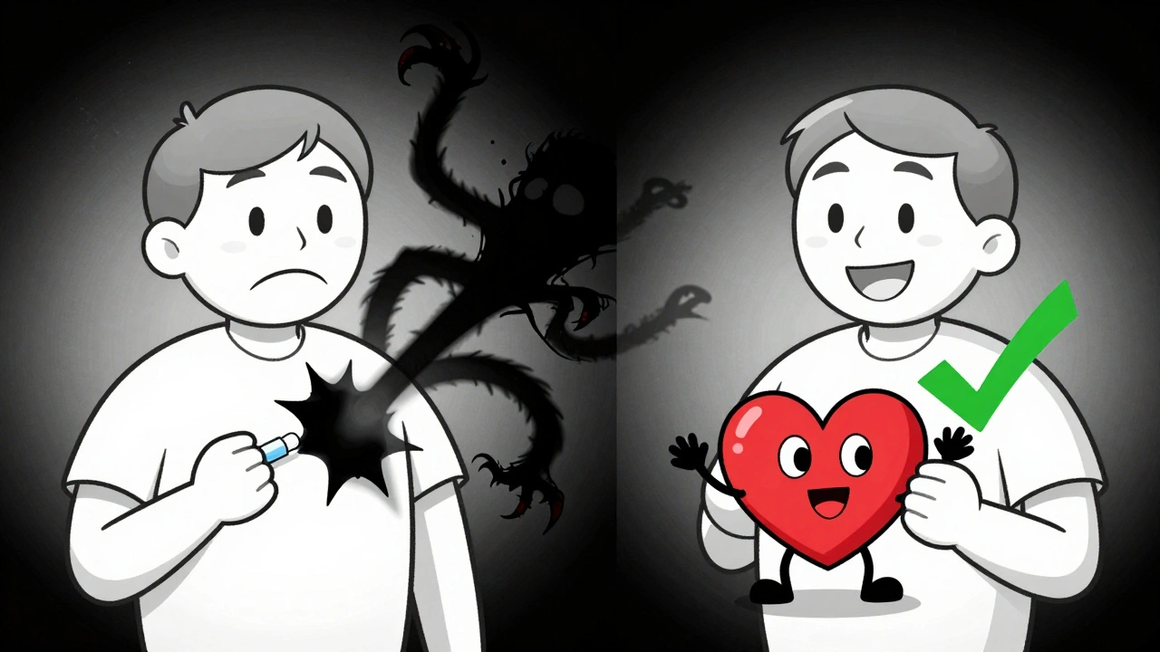 Split scene: one side shows danger from hydroxyzine, other shows safety with cetirizine and happy heart.