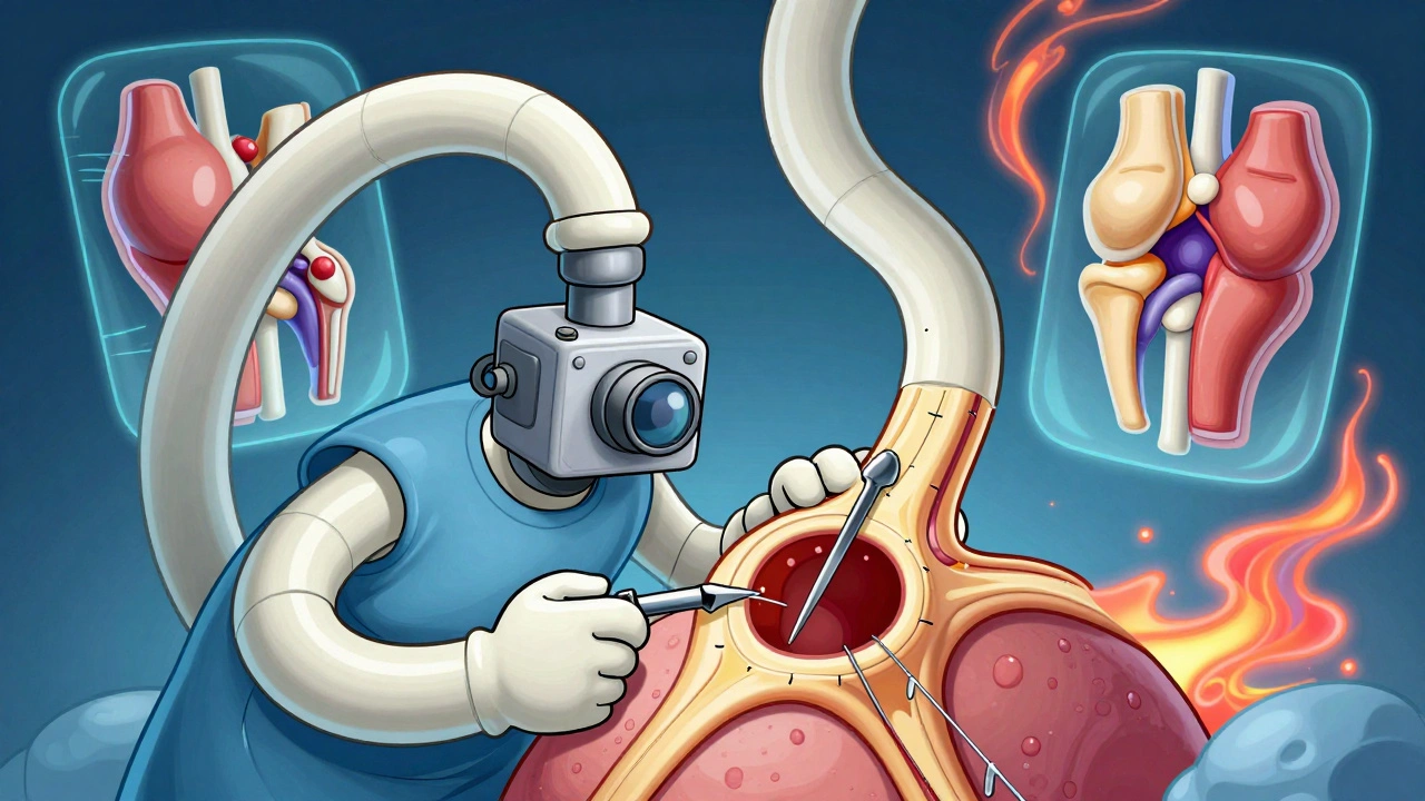 Surgeon using oversized tools to stitch a torn hip labrum with 3D holograms and neon dye.