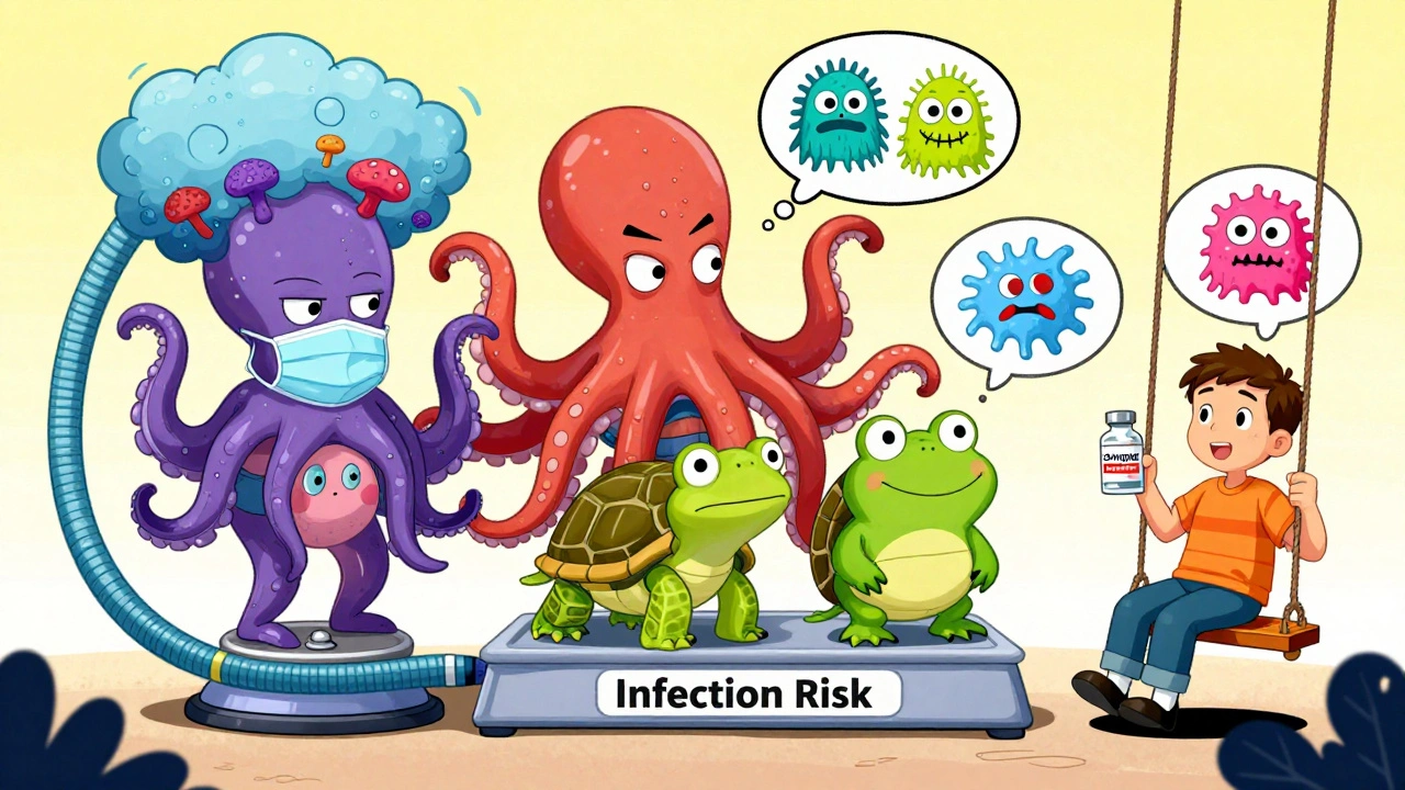 Three cartoon biologic drugs on a scale showing infection risk, with a patient swinging nearby holding a shingles vaccine.