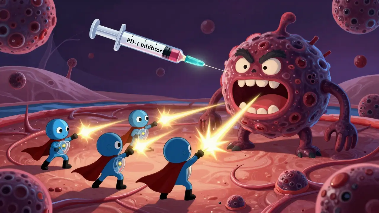 Tiny immune heroes fight a dark melanoma monster in a stylized human body landscape with glowing treatments.