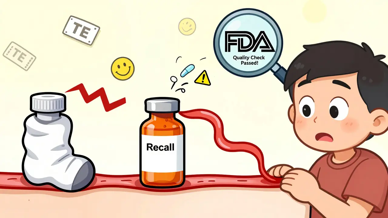 Two pill bottles deliver medicine to a bloodstream—one smooth, one chaotic—with an FDA magnifying glass revealing quality labels.
