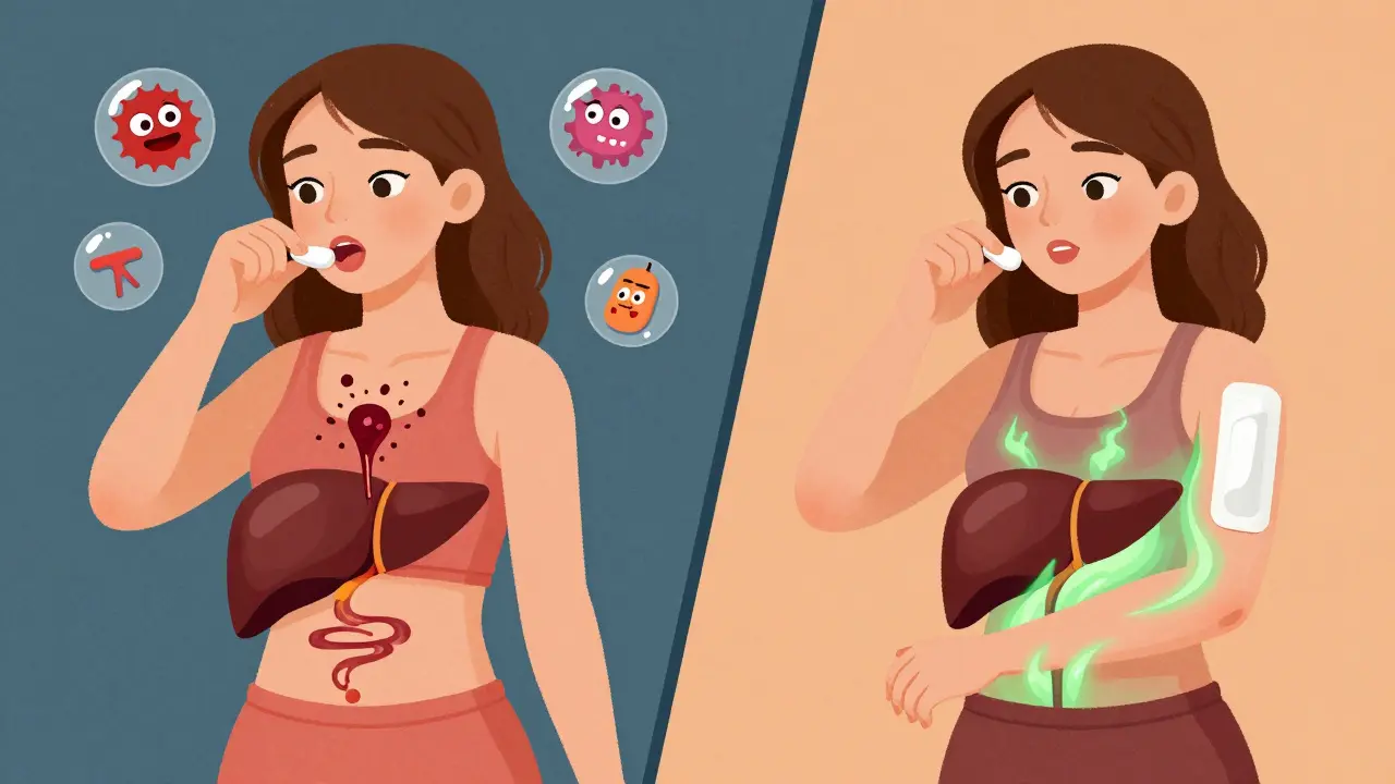 Two ways of taking estrogen: pill vs patch, shown with cartoon liver and blood clots.