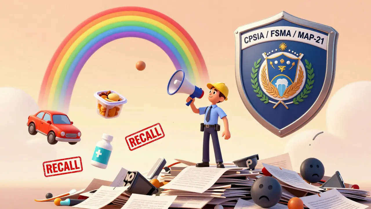 Worker blows a whistle-shaped megaphone, sending safety protections to floating toys, food, and medical devices.