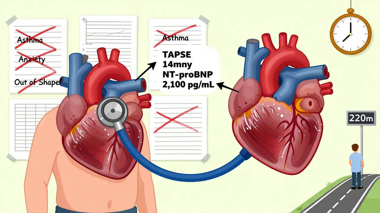 A cartoon right heart stretched thin with medical readings displayed, surrounded by crossed-out misdiagnoses.