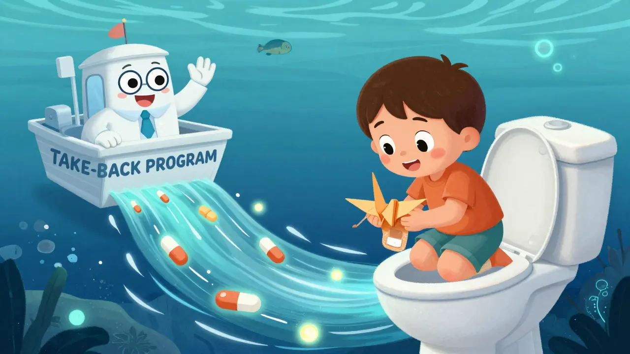 A child flushing a folded medication patch into a glowing river with a pharmacist nearby.