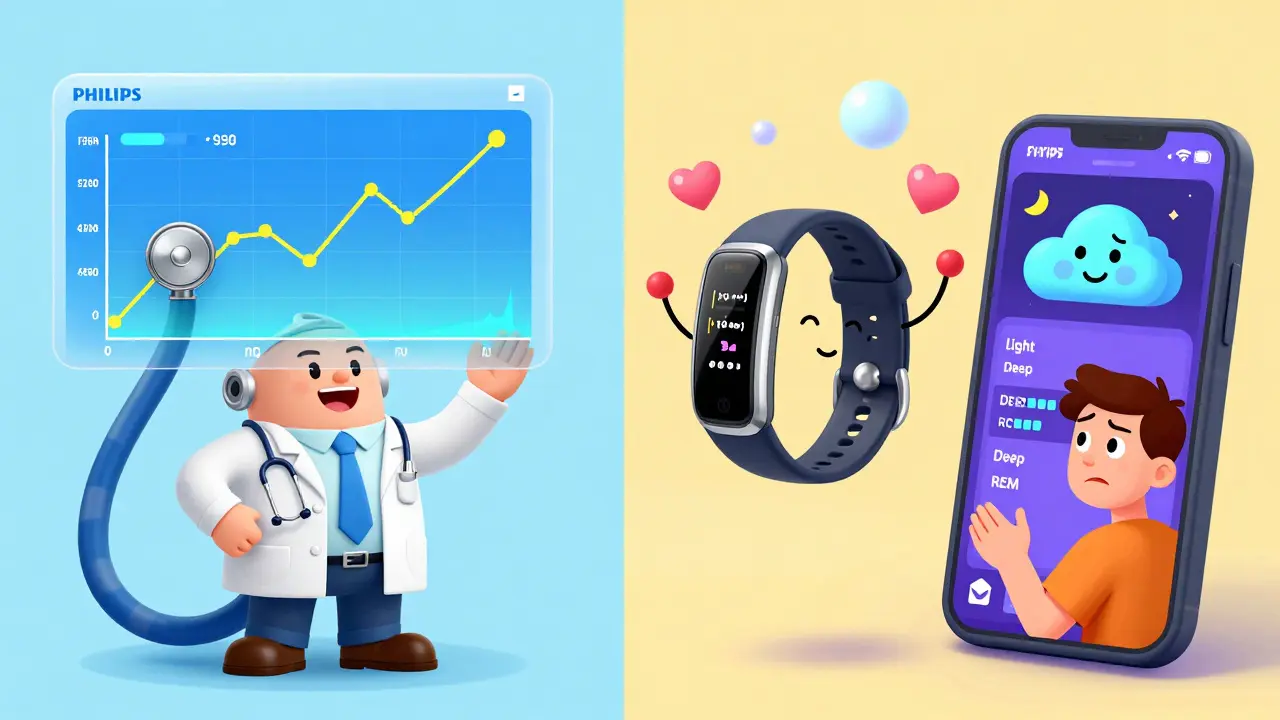 A clinical device with a lab coat next to consumer wearables juggling data bubbles, while a person stares at a colorful phone screen.