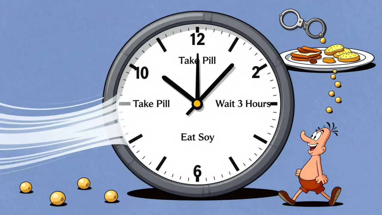 A clock shows timing rules for taking thyroid medication and avoiding soy in a playful, stretchy cartoon style.