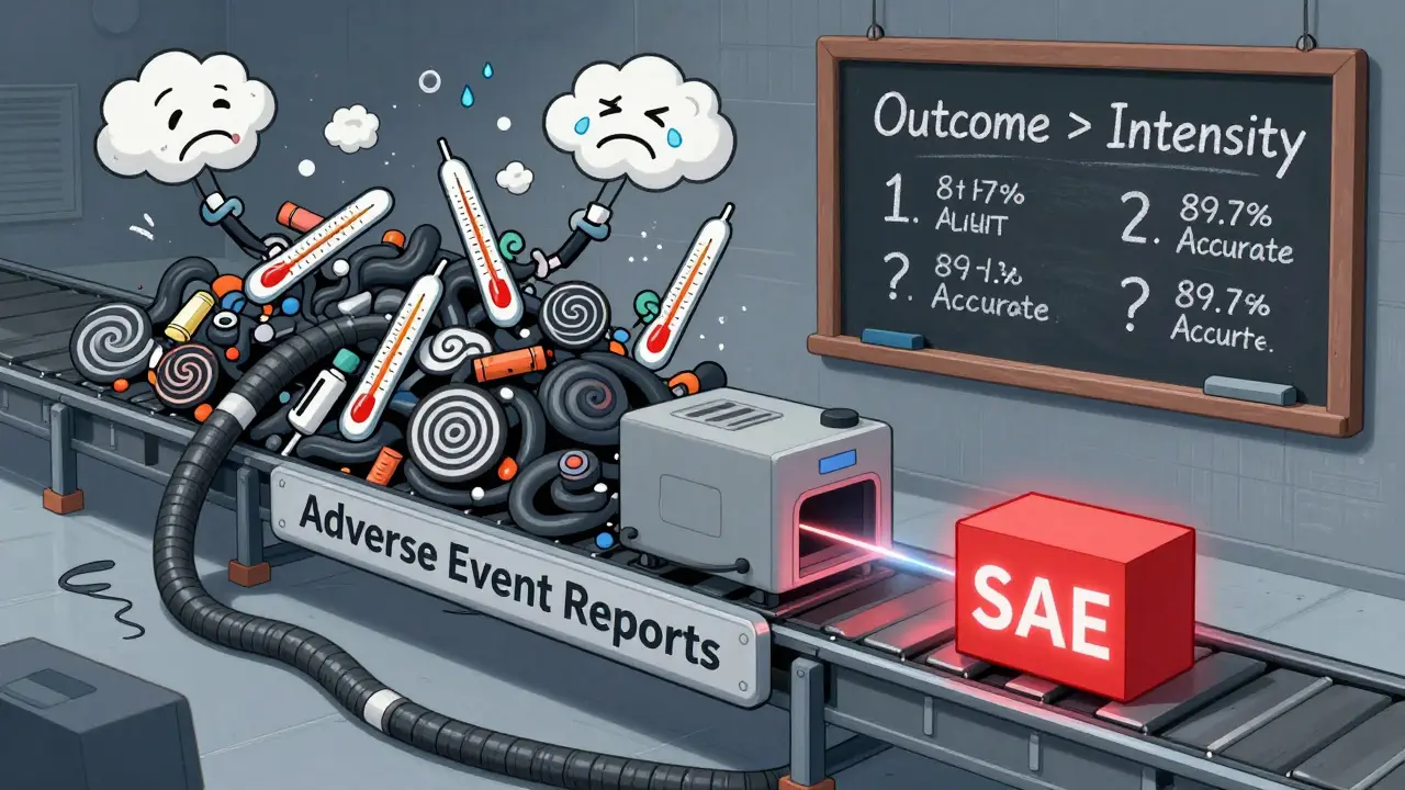 A clogged conveyor belt of misreported events sorted by AI, with 'Outcome > Intensity' on a chalkboard.