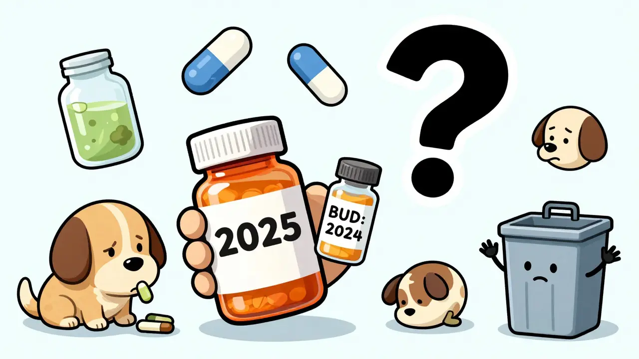 A confused person holding two pills with floating icons of expired meds and a take-back bin.