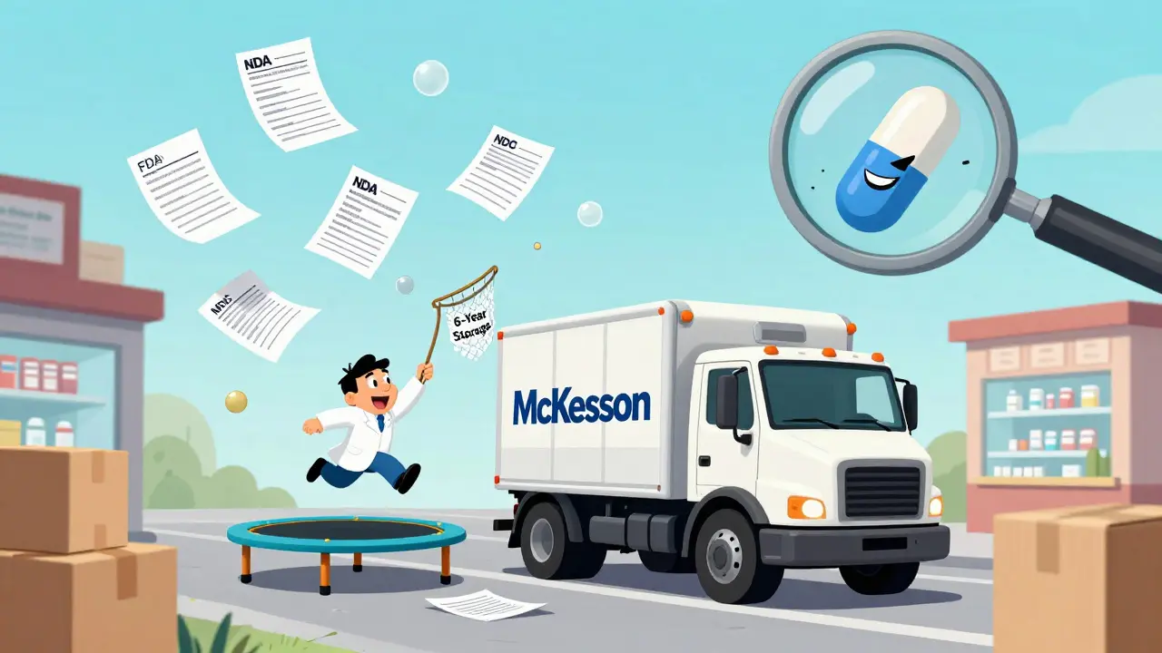 A delivery truck dumps paperwork as a pharmacist catches documents with a net labeled '6-Year Storage'.