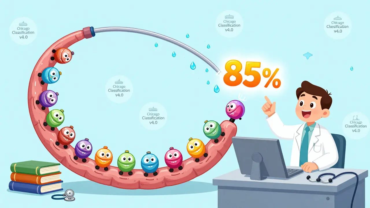 A flexible tube with bouncy sensors moving through an esophagus, showing pressure waves as water is swallowed.