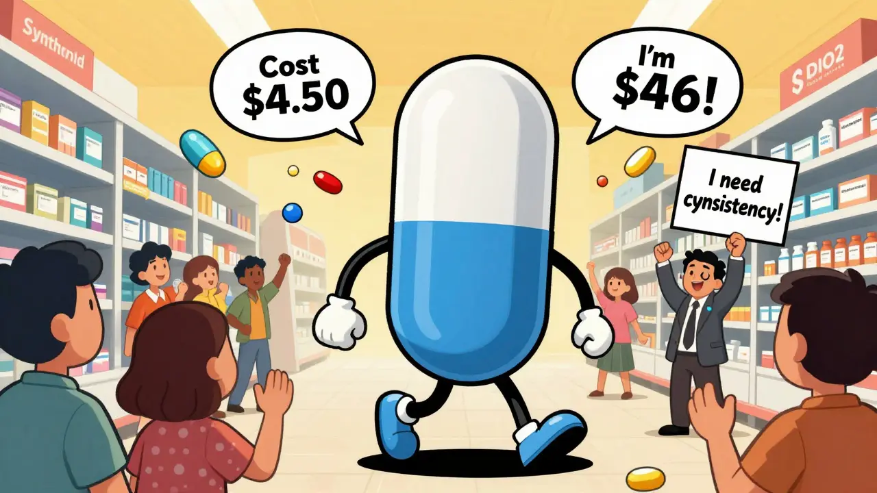 A giant generic levothyroxine pill walks past a tiny brand-name pill in a pharmacy, while one patient holds a 'I need consistency' sign.
