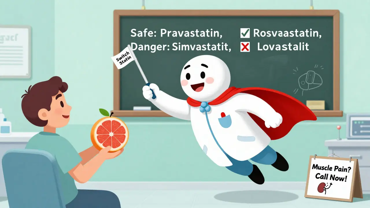 A medical superhero replacing a dangerous statin with a safe one while a patient holds a grapefruit bomb.