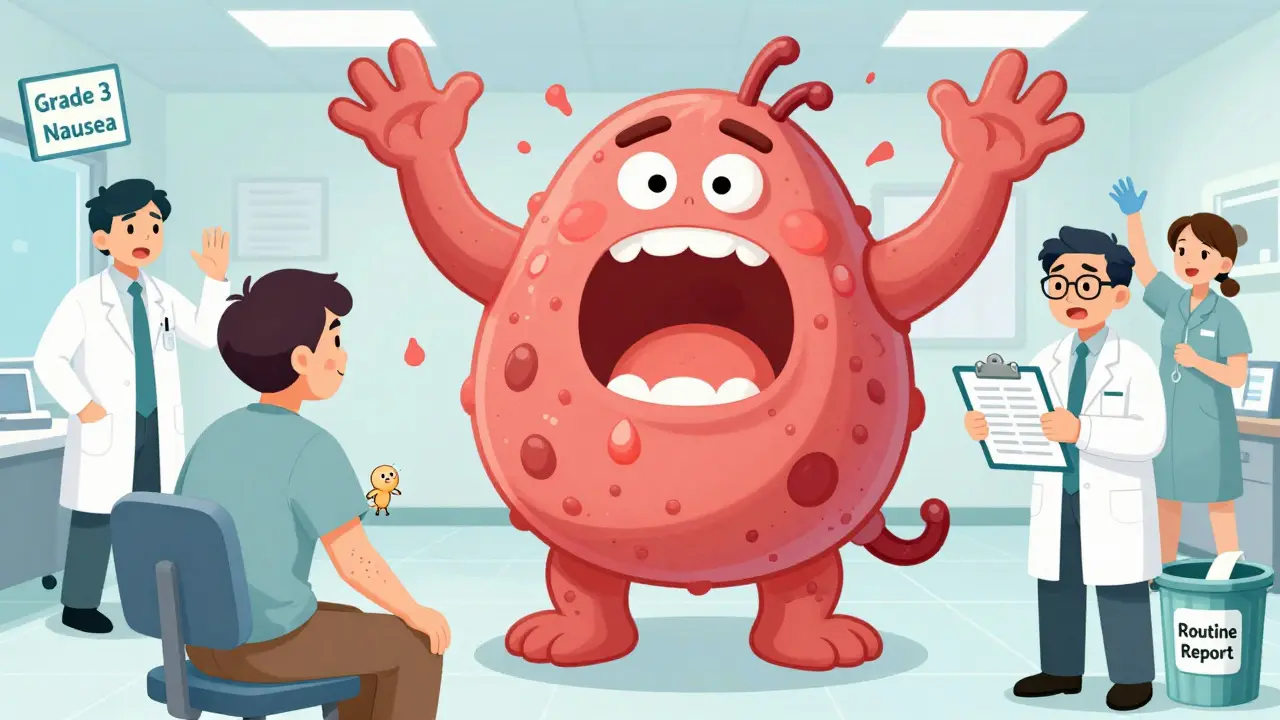 A mild rash transforms into a giant allergic monster as staff react, with a 'Non-Serious' label nearby.