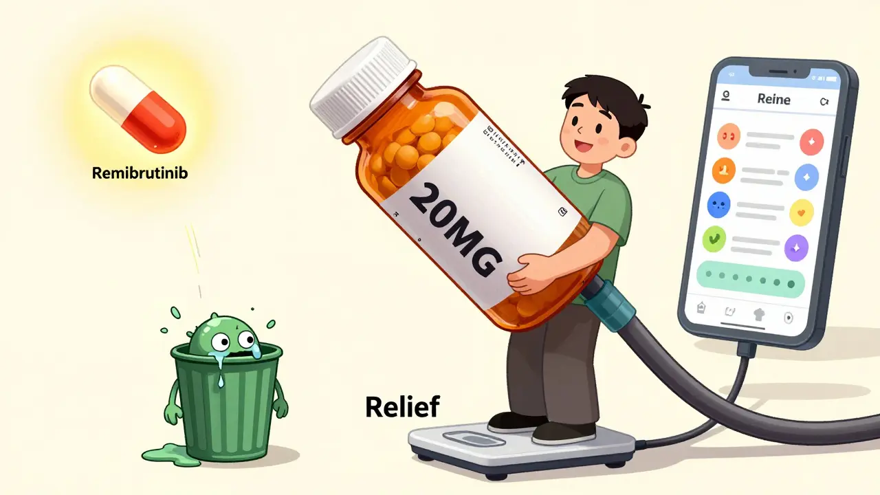 A patient holding high-dose antihistamines as a defeated steroid monster gets thrown away.