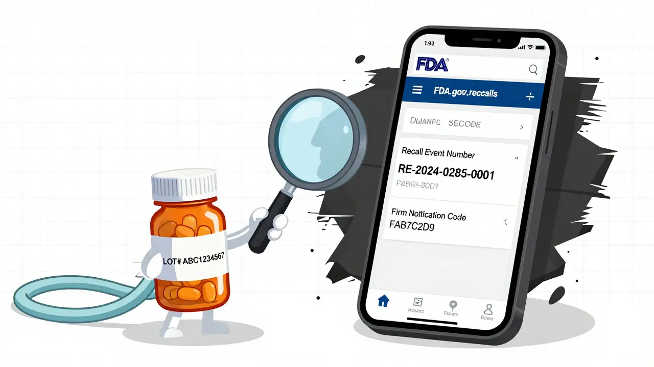 A pharmacist checks a pill bottle's lot number against the official FDA website on a phone.