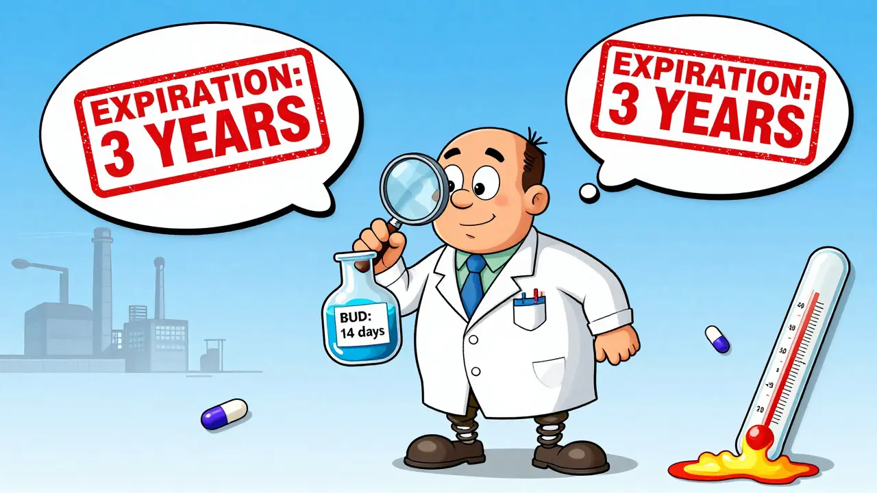 A pharmacist examining a liquid compound with floating factory and expiration date thought bubbles.