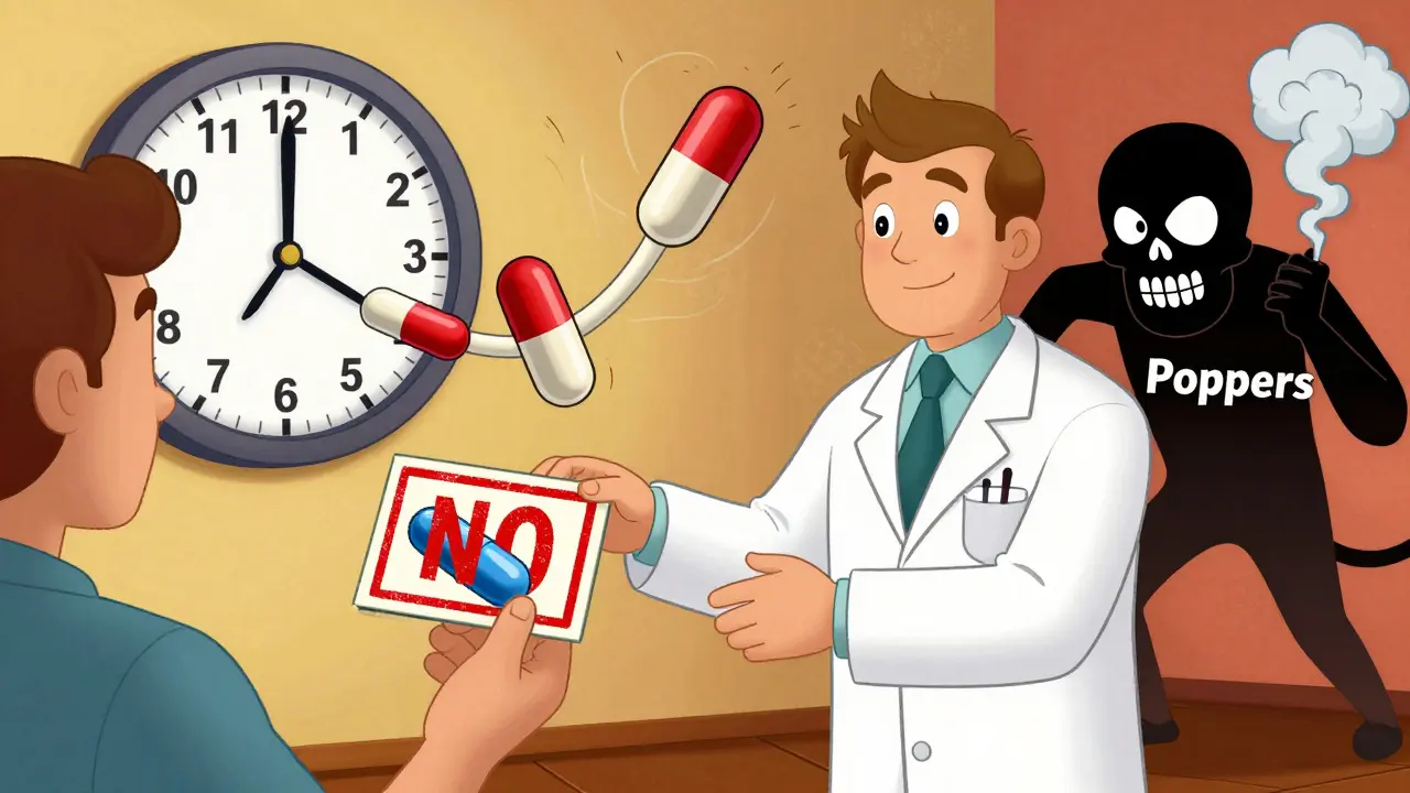A pharmacist gives a warning wallet card while poppers sneak in as a skull, with a 48-hour clock ticking in the background.