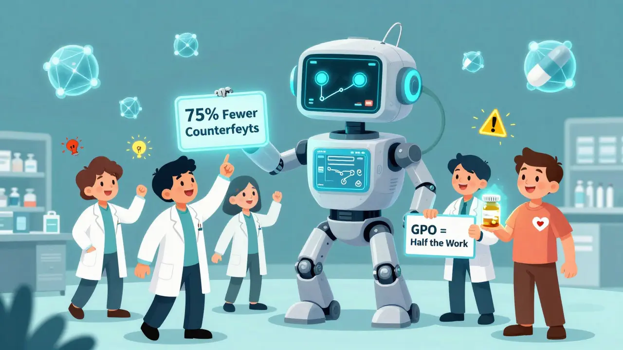 A pharmacy team uses an AI robot to track drug origins via glowing blockchain links connecting suppliers.