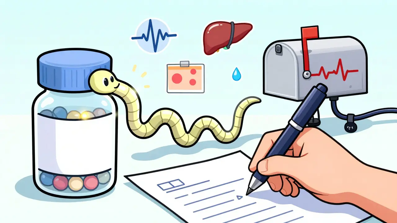 A pill bottle with a wiggly lot number leading to a stethoscope mailbox, surrounded by medical icons.