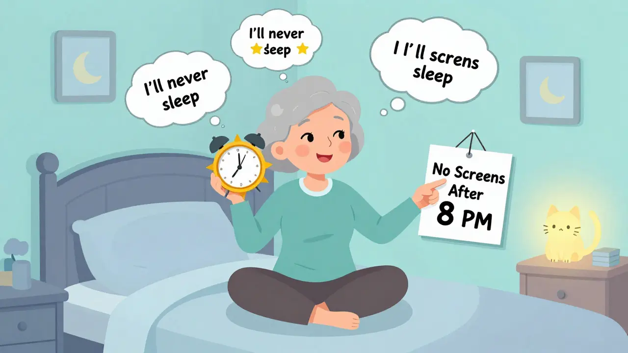 A senior practicing sleep therapy in a calm room, replacing anxious thoughts with peaceful stars and moons.