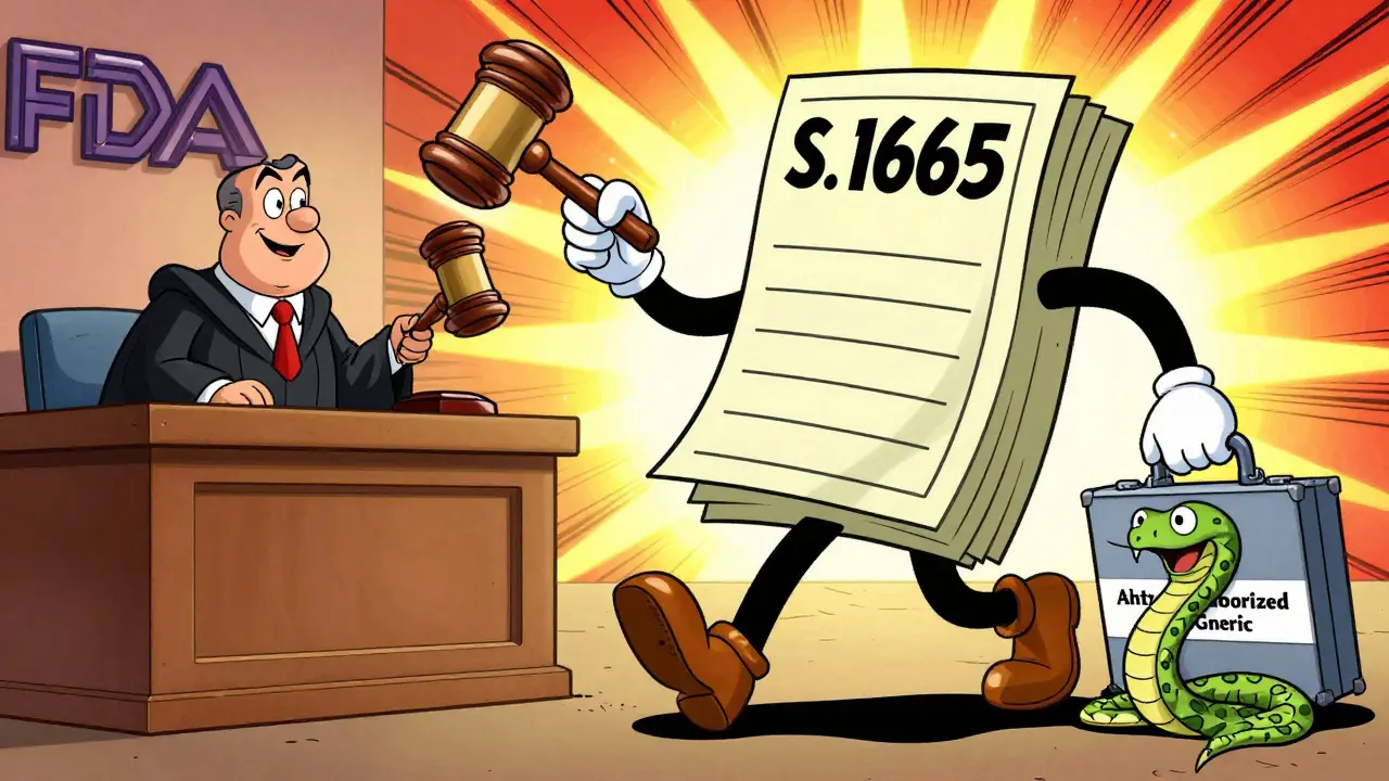 A superhero bill named S. 1665 defeats a sneaky authorized generic snake in court, under an FDA judge's gavel.