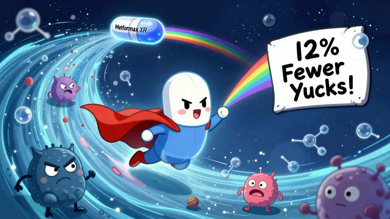 A superhero metformin tablet flying through an intestine tunnel, dodging nausea monsters with a futuristic XR version trailing behind.