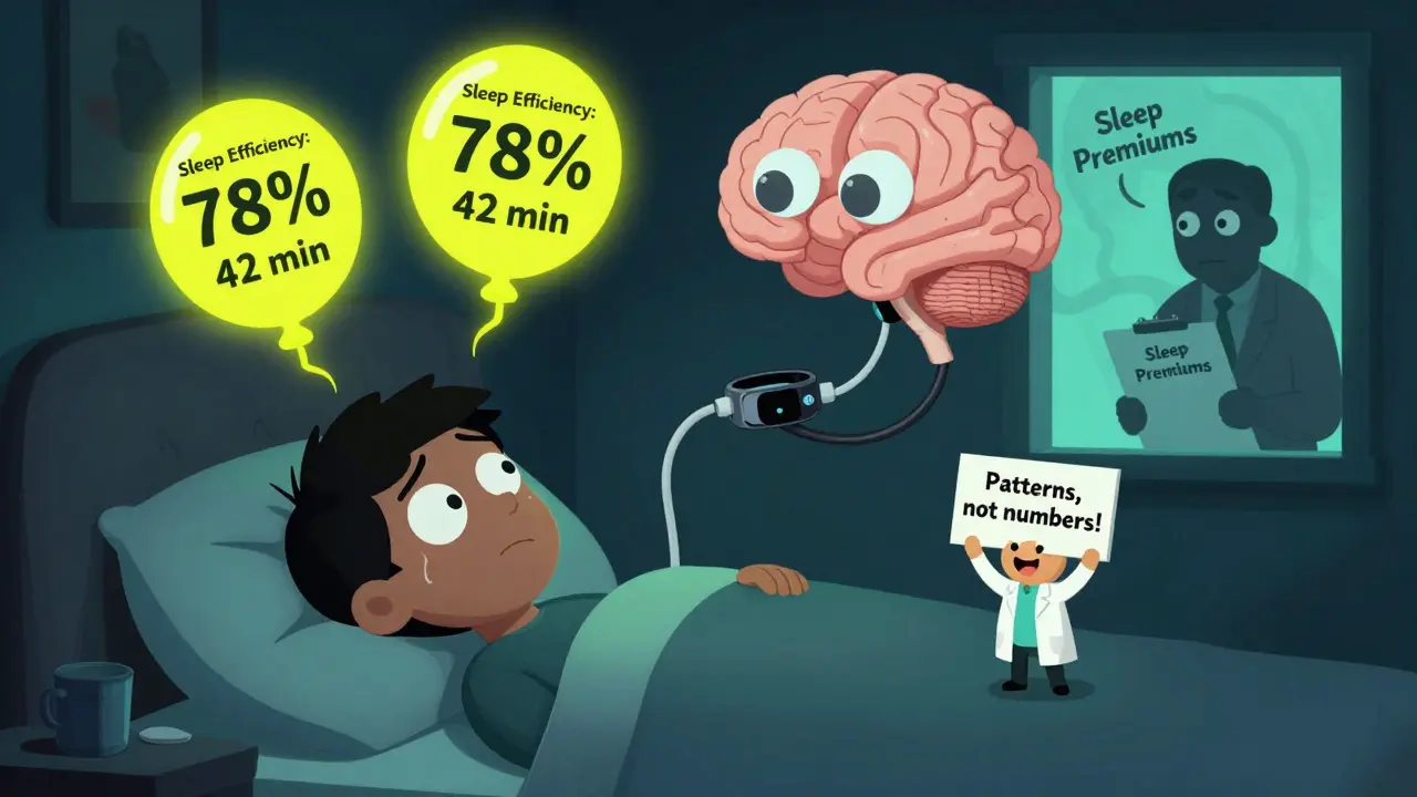 An anxious person surrounded by floating sleep metrics, a friendly doctor, and a shadowy insurance agent peeking in at night.