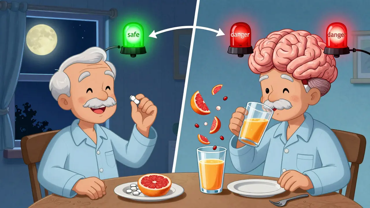 An elderly man taking statin at night while drinking grapefruit juice in morning, with warning signs above his head.