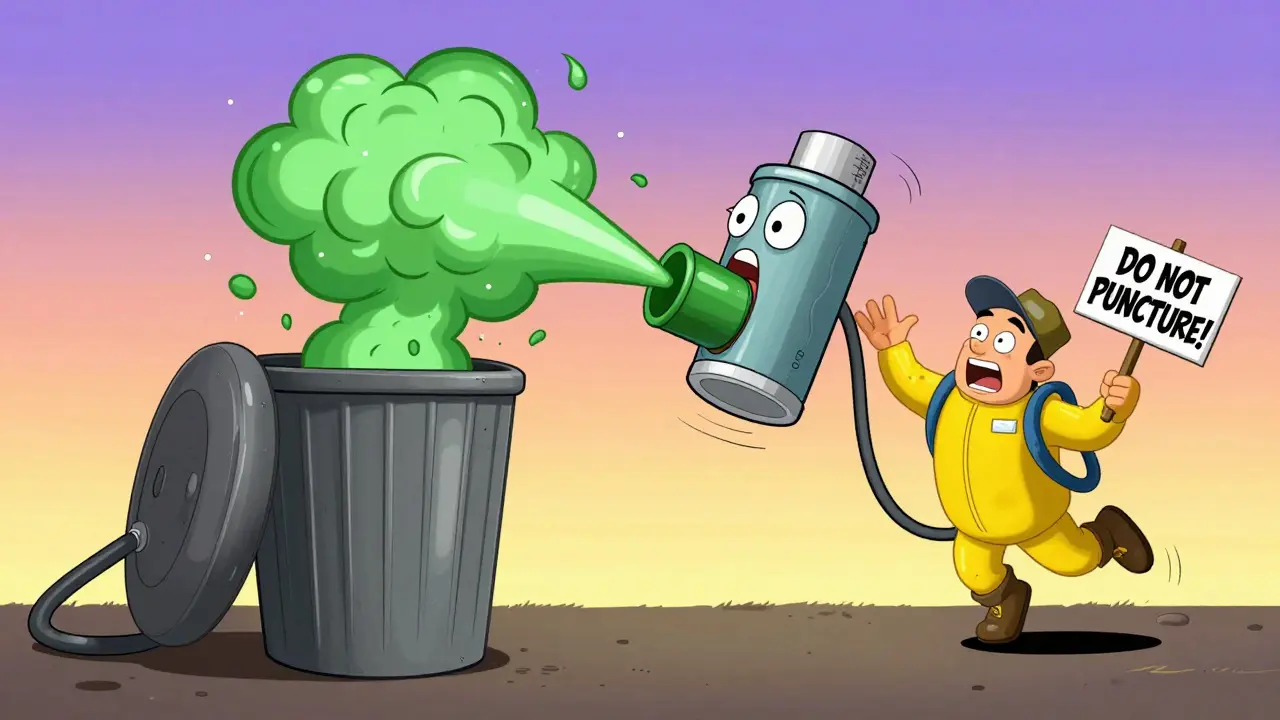 An exploding inhaler in a trash compactor with a flying worker nearby.
