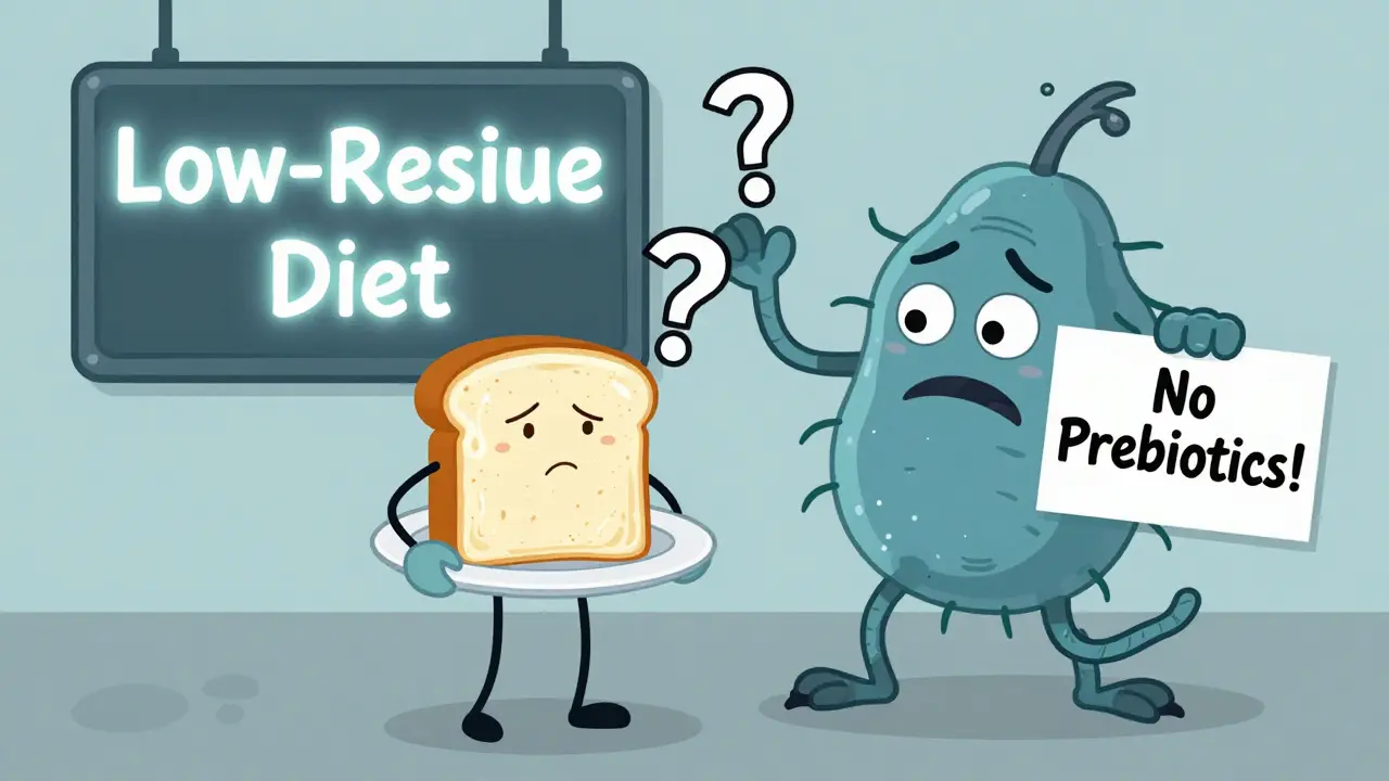 Confused person holding low-residue foods as gut bacteria wave a warning sign about missing nutrients.