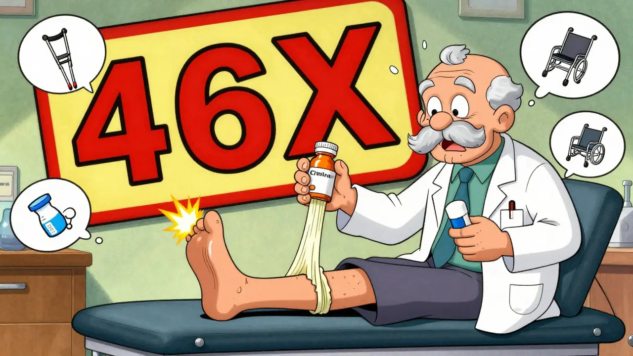 Elderly patient holding two pill bottles as their tendon frays dramatically, with a giant '46X' warning sign behind them.