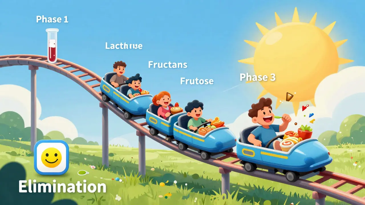 FODMAP diet as a rollercoaster with three phases: elimination, testing, and personalization.